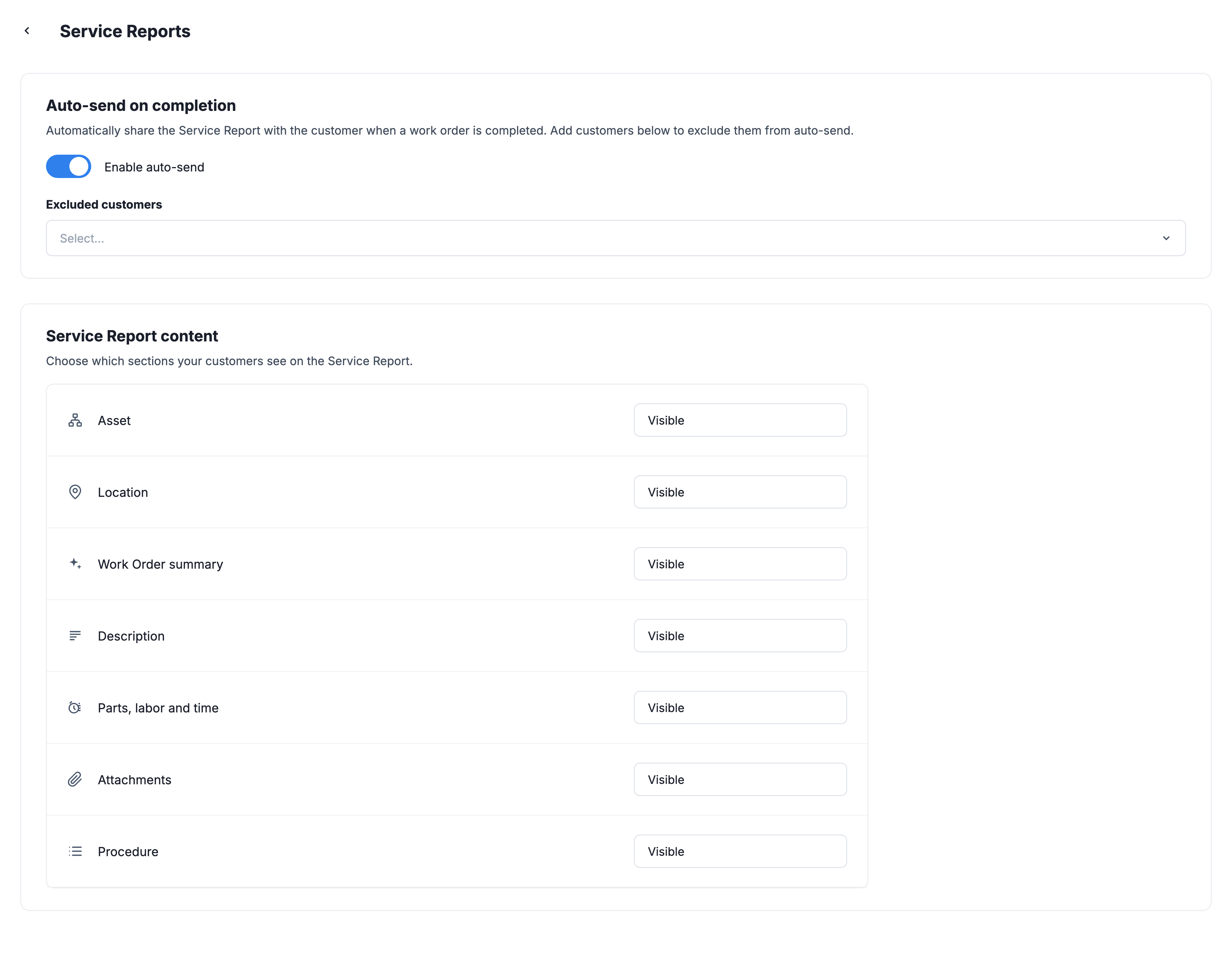 The service report settings page, showing the auto-send option, and the sections of the report that can be made visible or hidden in the service report customers will see.
