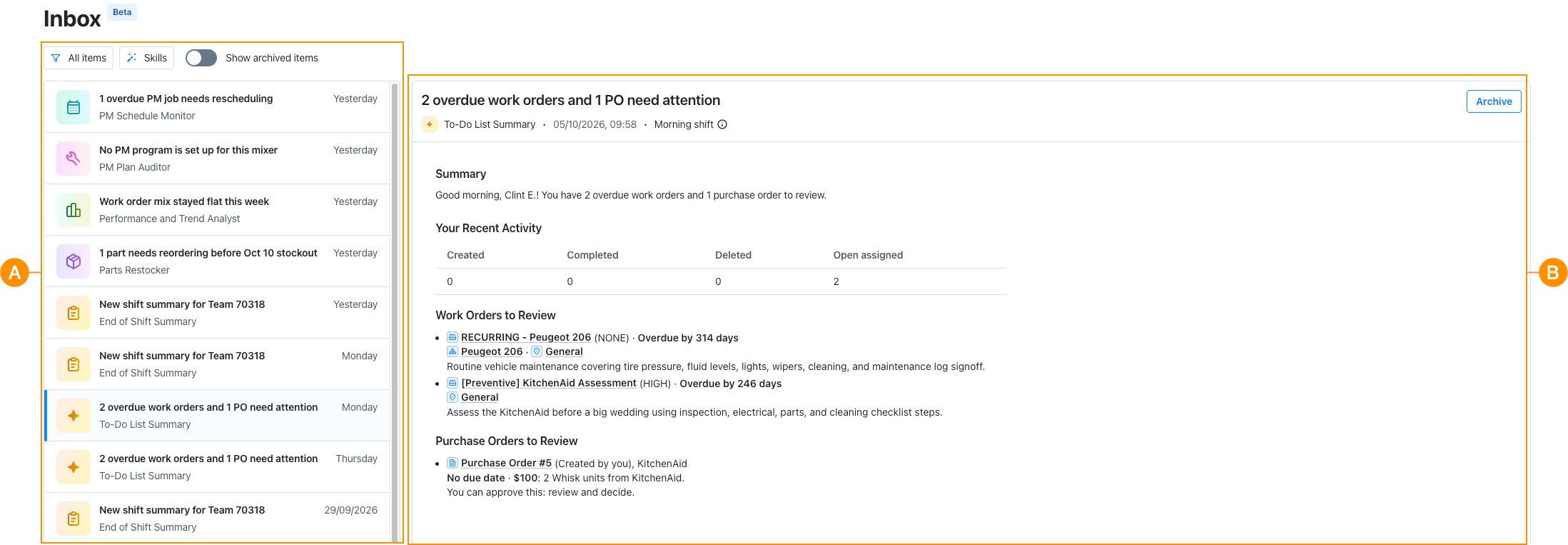 Smart Hub inbox with the output list on the left and the selected skill output in the review panel on the right
