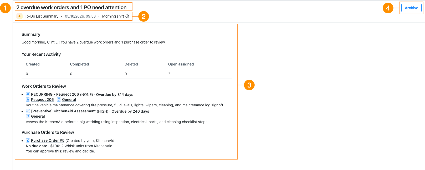 Selected To-Do List Summary showing its generated summary, recent activity, work orders and purchase orders to review, and an option to archive