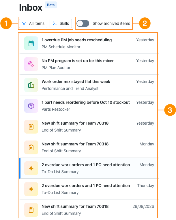 Inbox output list with controls to filter by status or skill, show archived items, and view generated outputs