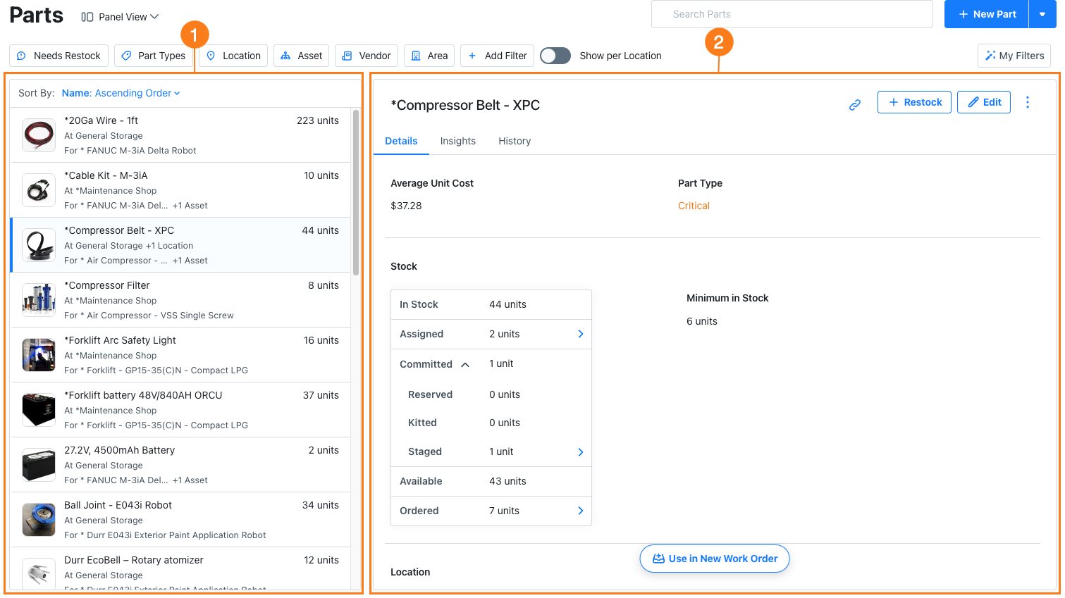 The Panel view in the Parts Inventory module.