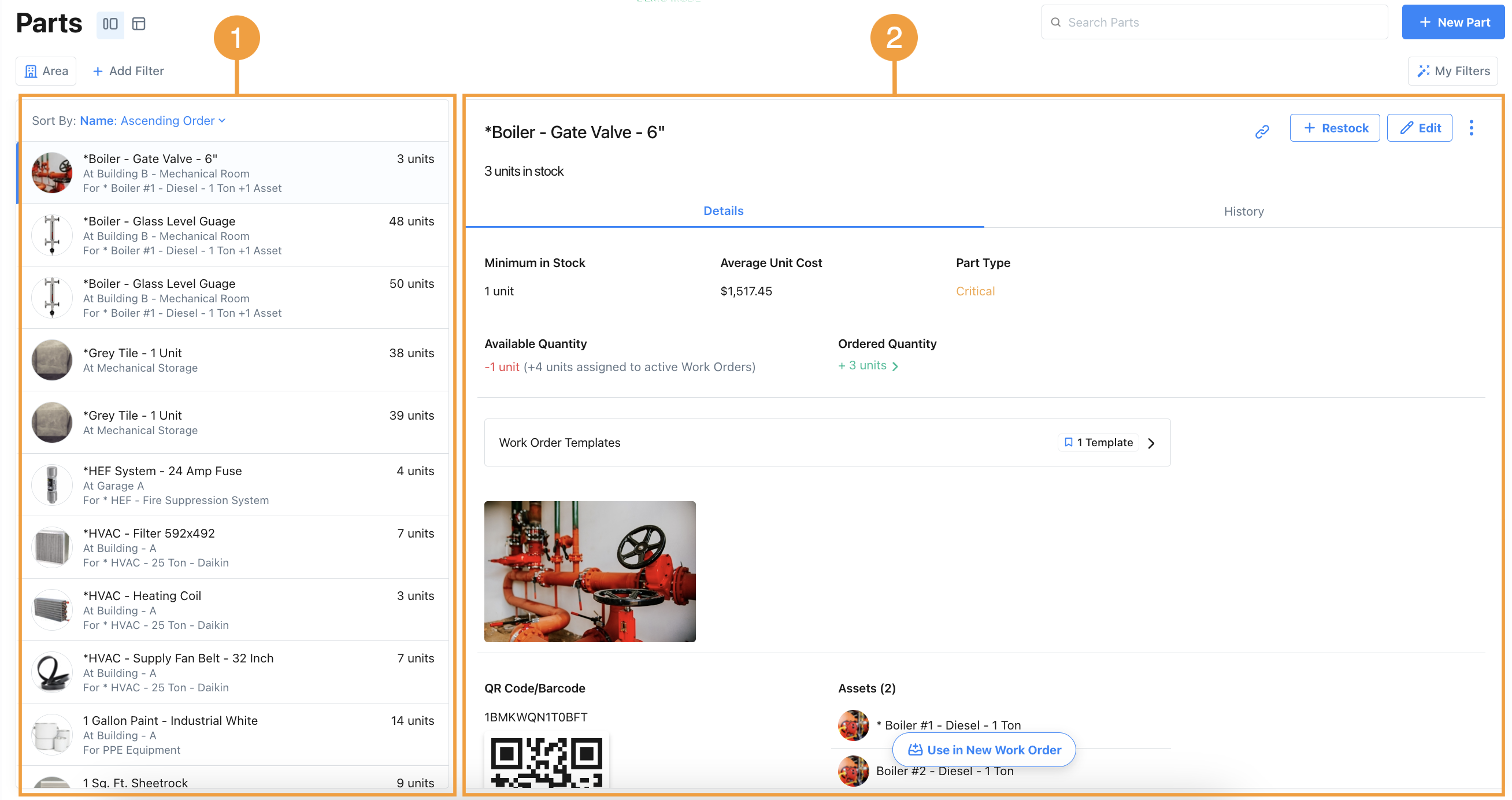 The Split view in the Parts Inventory module.