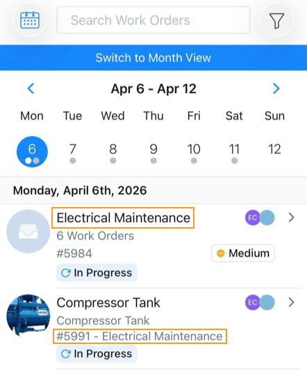 Screenshot showing how parent and sub-work orders appear in the calendar view on mobile devices, displaying parent-child relationships