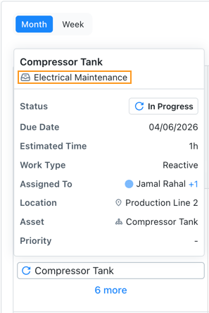 Screenshot of the Calendar view showing how sub-work orders appear.