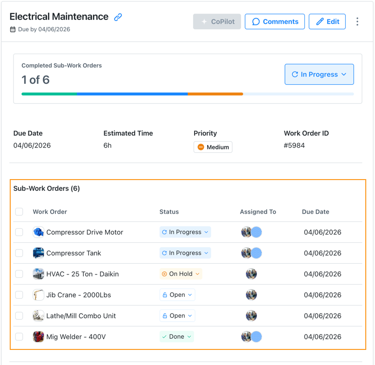 Screenshot showing a parent work order in the details pane of the To Do view, with progress tracking and list of sub-work orders.
