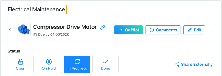 Screenshot showing a sub-work order in the details pane of the To Do view with a reference to its parent work order.