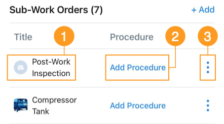 Screenshot of the sub-work orders table with numbered callouts highlighting inline editing options: 1) sub-work order title, 2) add procedure, and 3) More Options icon top open menu with additional options