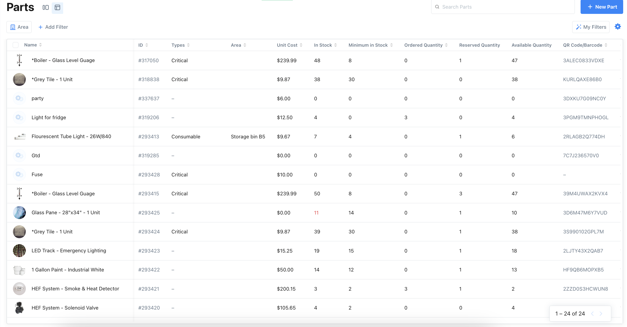 The Table view in the Parts Inventory module.