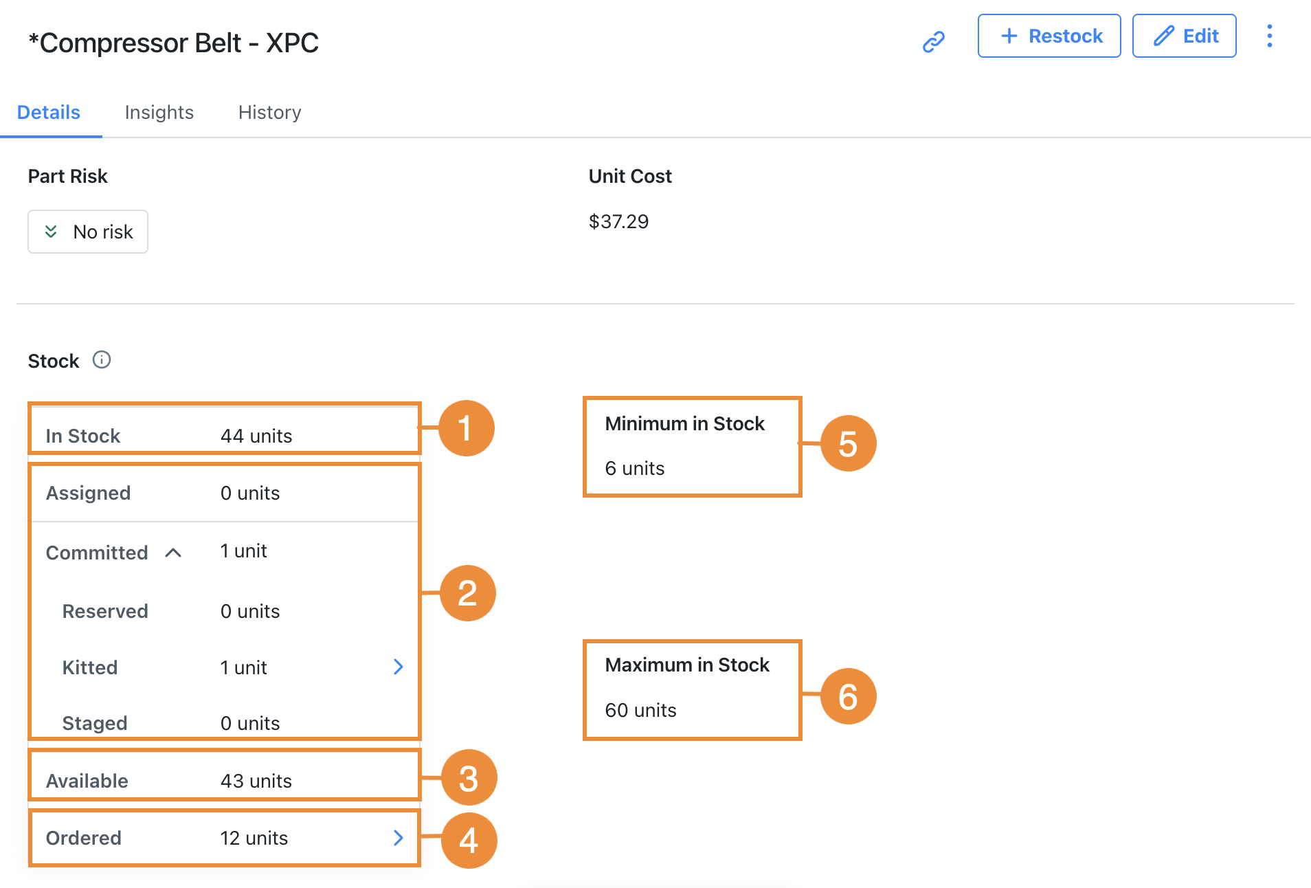 Part units in the details tab of a selected part