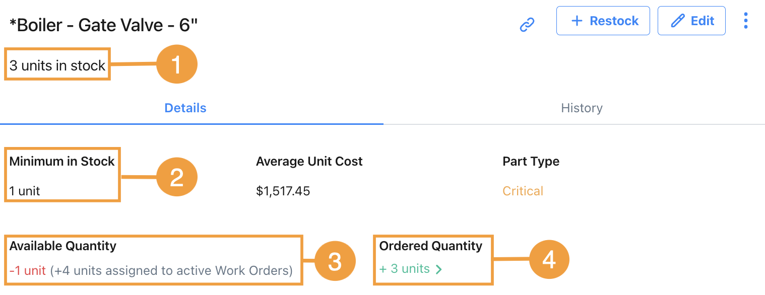 Part units in the details pane of a selected part