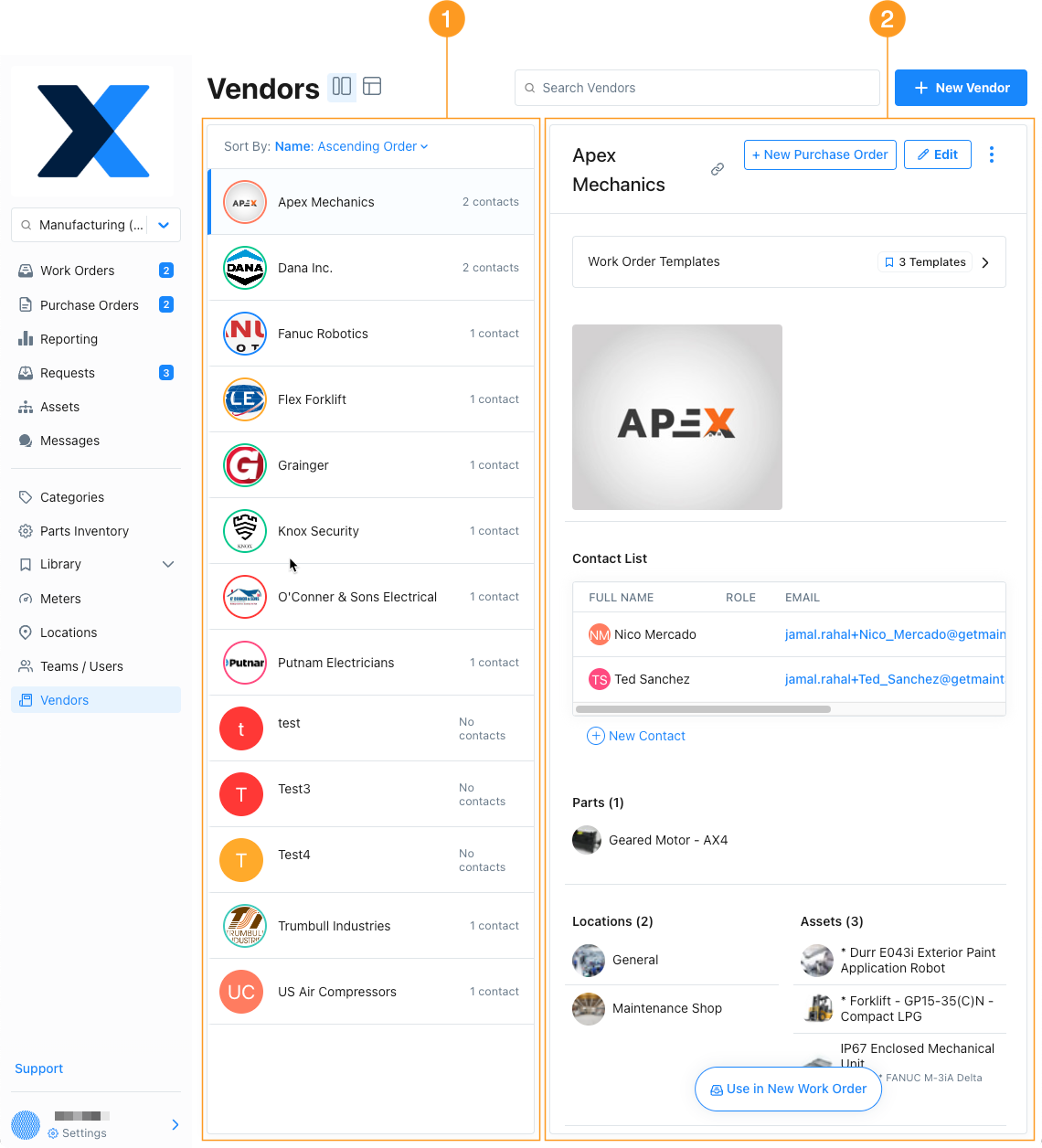 The Split view in the Vendors module