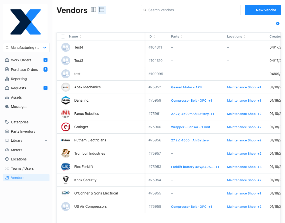 The Table View in the Vendors module