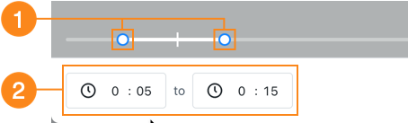 Screenshot of the video player in the MaintainX web application, showing trim handles on the timeline and timecode boxes for the segment start and end times