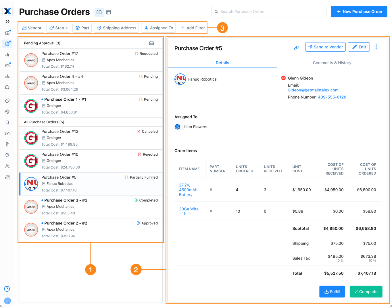 The Panel view in the purchase orders module