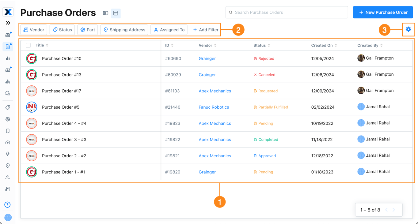 The Table View in the Purchase Orders module