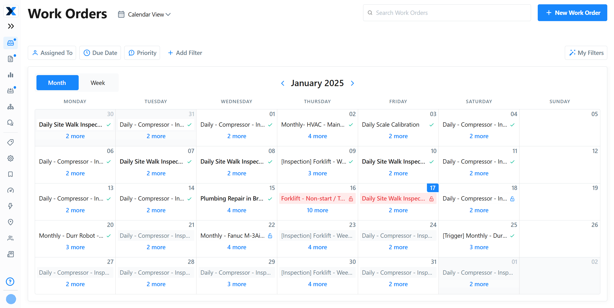 The Calendar view in the Work Orders module.