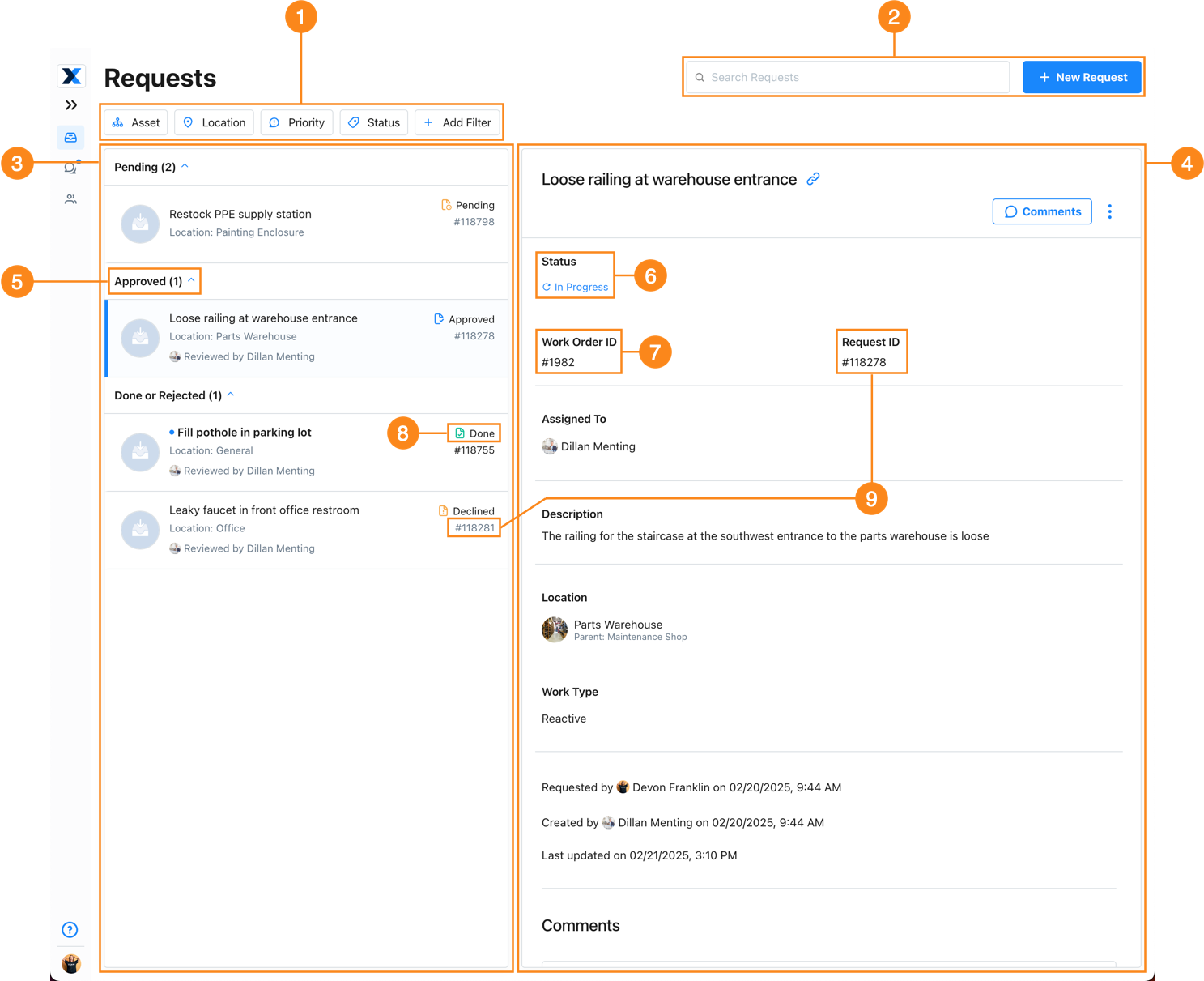 The Requests module in the MaintainX web application, as seen by a Requester user