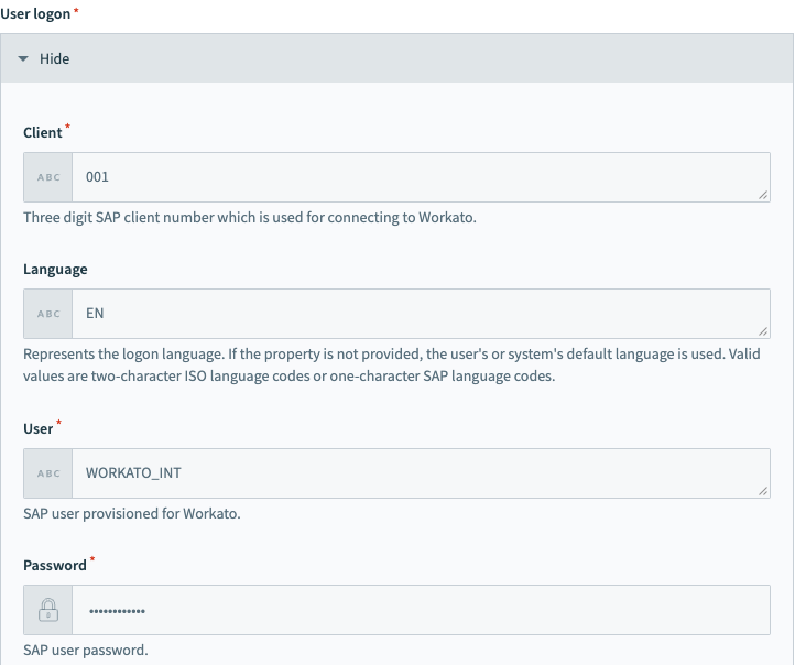 Example of user logon options for a Workato connection