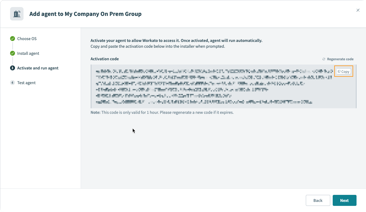 The Activate and run agent tab in the Workato On-prem Agent setup