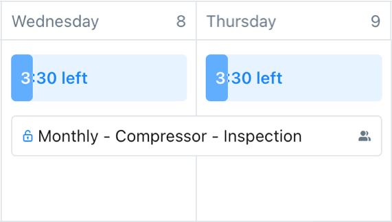 A work order in the Workload view that's scheduled over two days