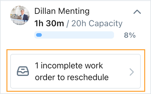 A notification in the Workload view that a user has incomplete work orders from the previous week