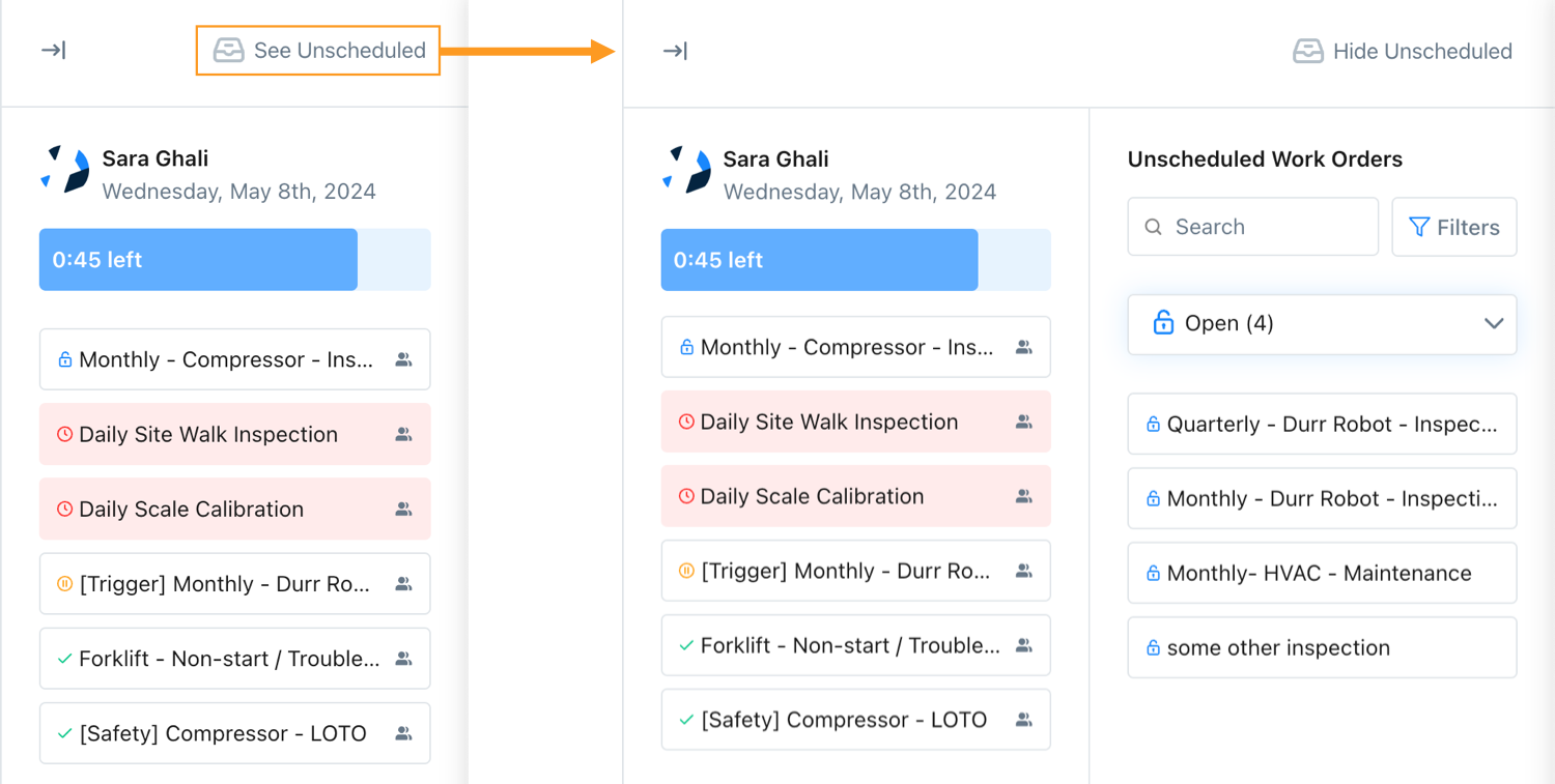 A user's unscheduled work orders list in the Workload view