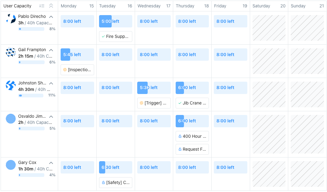 Total User Capacity section in the Workload view, where you schedule and assign work