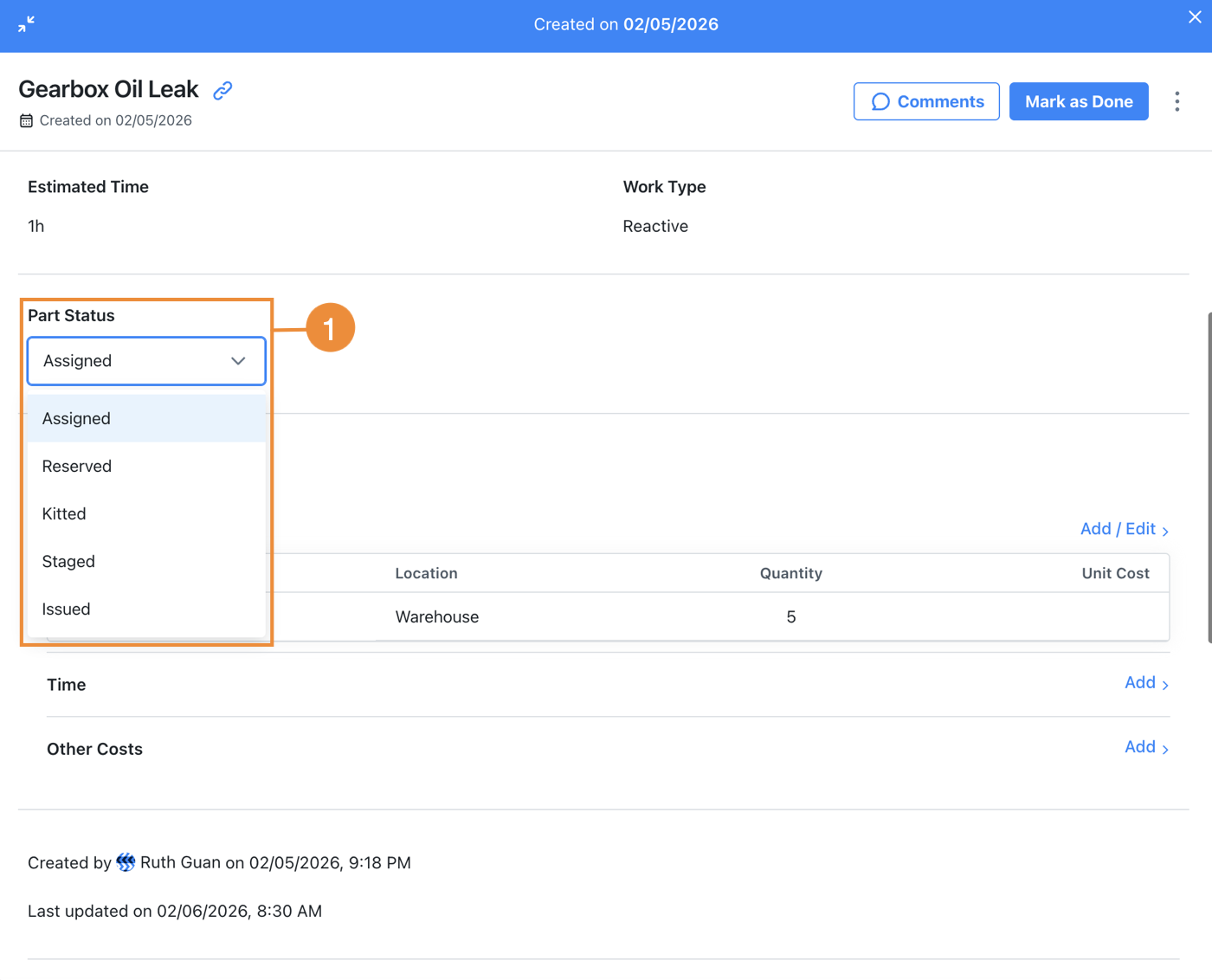 Screenshot displaying the part status dropdown in a work order